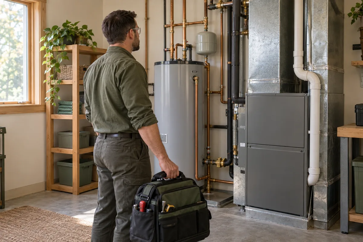A technician inspecting HVAC and plumbing equipment in a residential utility room