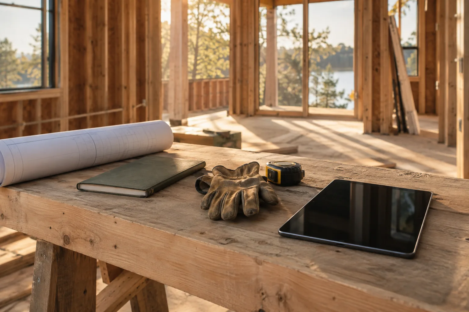 Illustrative renovation workspace with plans and a tablet on a timber workbench